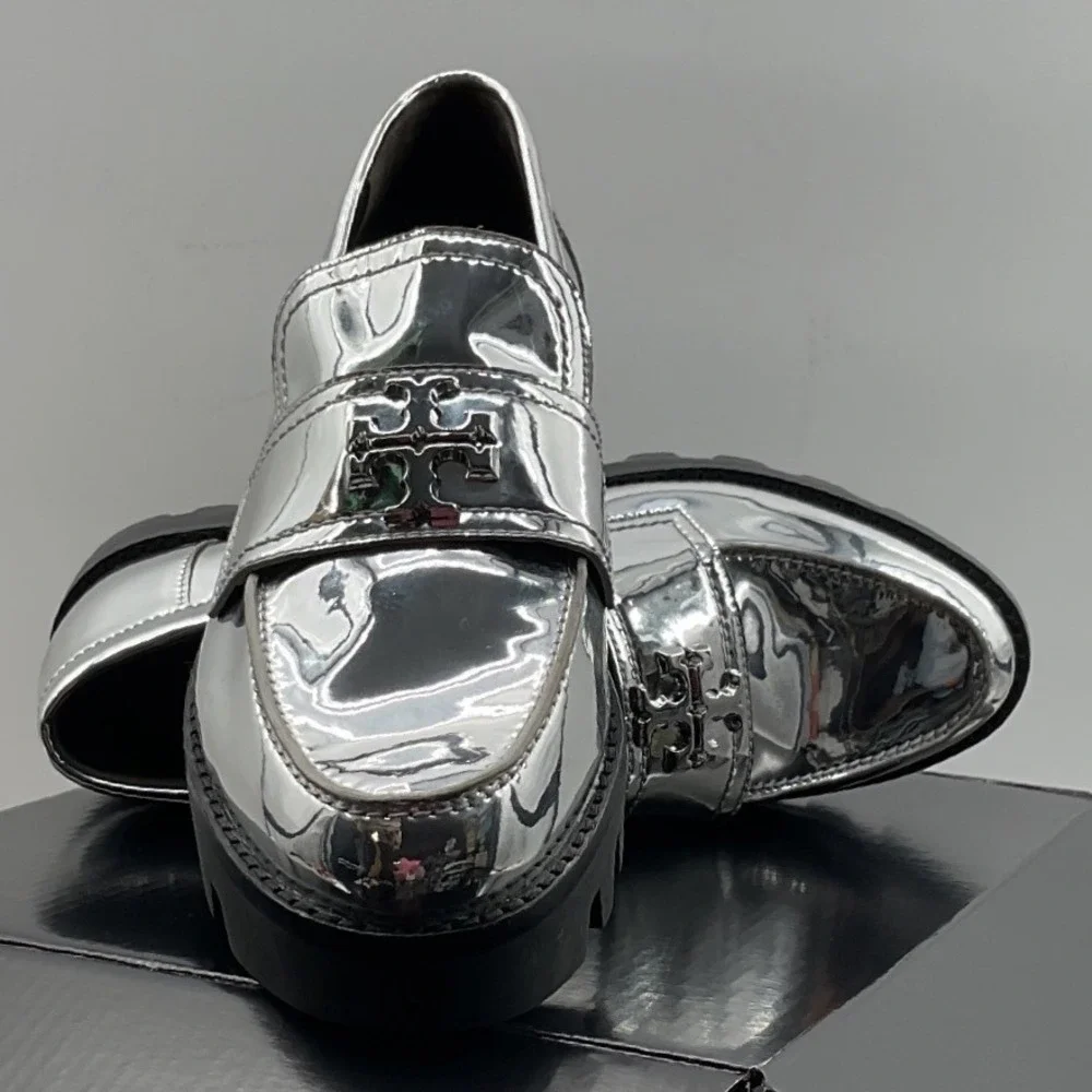 Tory Burch Metallic Silver Lug Sole Loafers Double T Logo Platform Shoes 6M